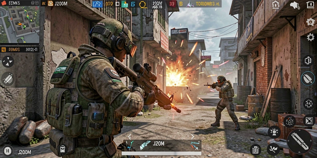 Screenshot J200M menampilkan aksi seru gameplay FPS yang mendebarkan.