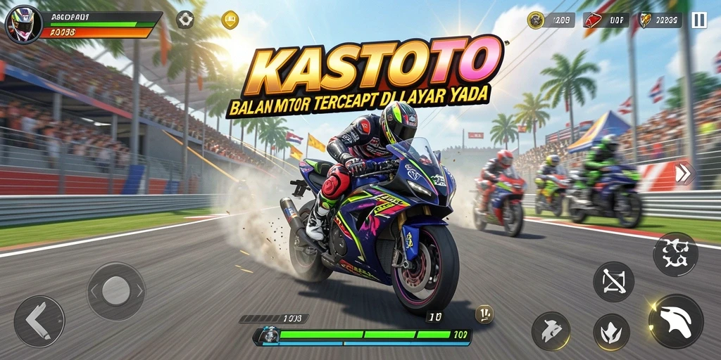 Gameplay seru di KASTOTO dengan balapan motor yang mendebarkan.
