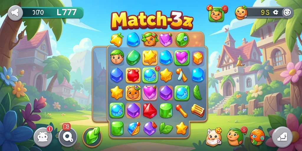 Screenshot L777 menampilkan gameplay seru Match-3 yang penuh warna.