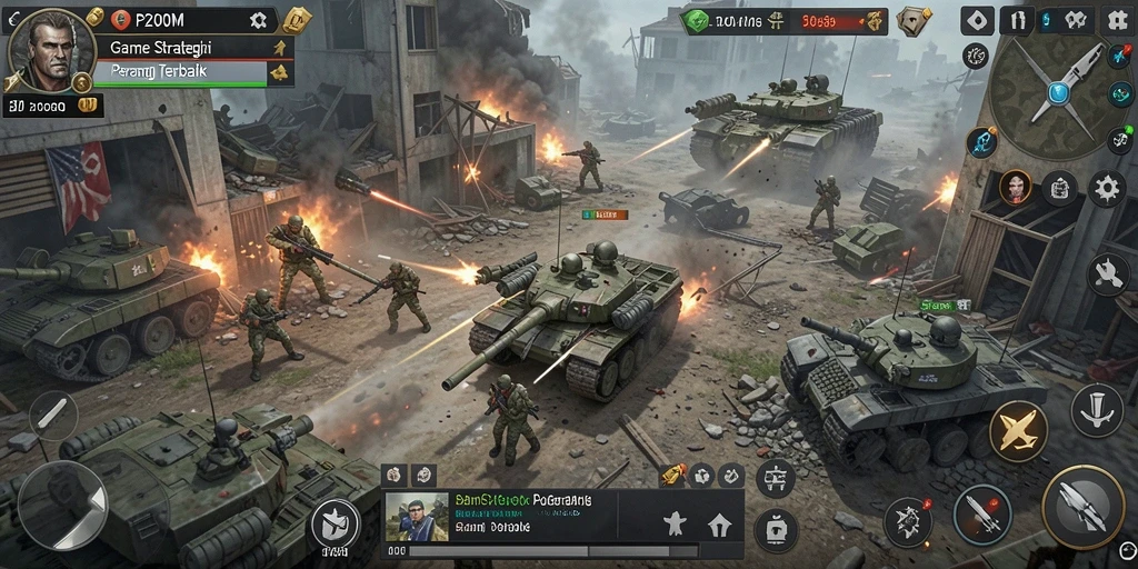 Screenshot gameplay P200M menampilkan pertempuran yang intens dan strategi melawan musuh.
