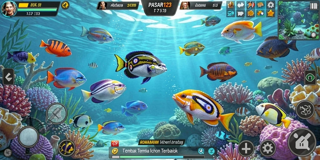 Tampilan gameplay seru dalam PASAR123 menembak ikan di laut.